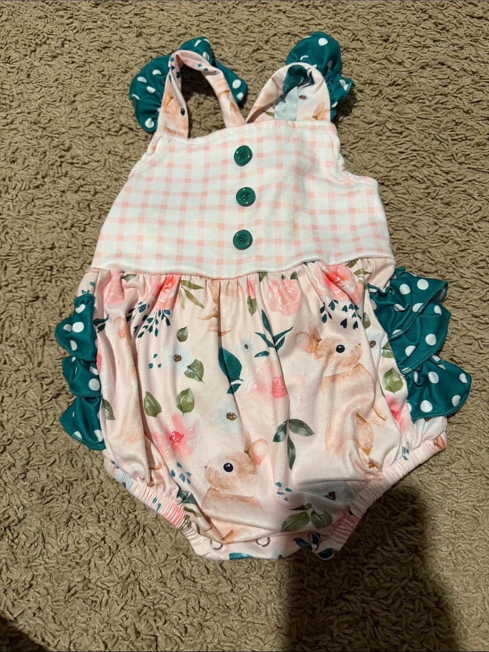 Baby Girls Pink Floral & Teal Ruffle One-Piece Romper